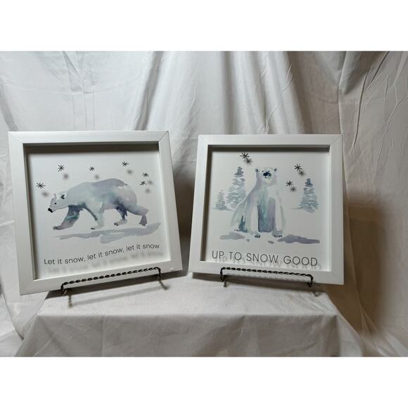 2 Polar Bear Art Deco Pictures 10x10 Watercolor Shadowbox Style‎ White Frame - Picture 1 of 6